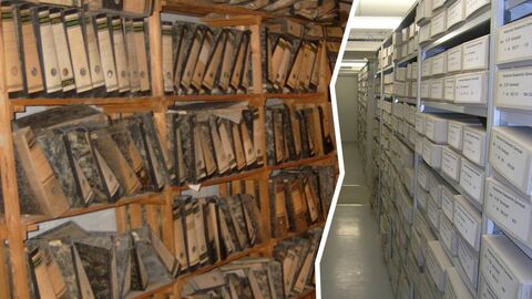 Ein Raum mit unverpacktem, schmutzigem Archivgut wird einem Raum mit einer fachgerechten Lagerung gegenübergestellt.